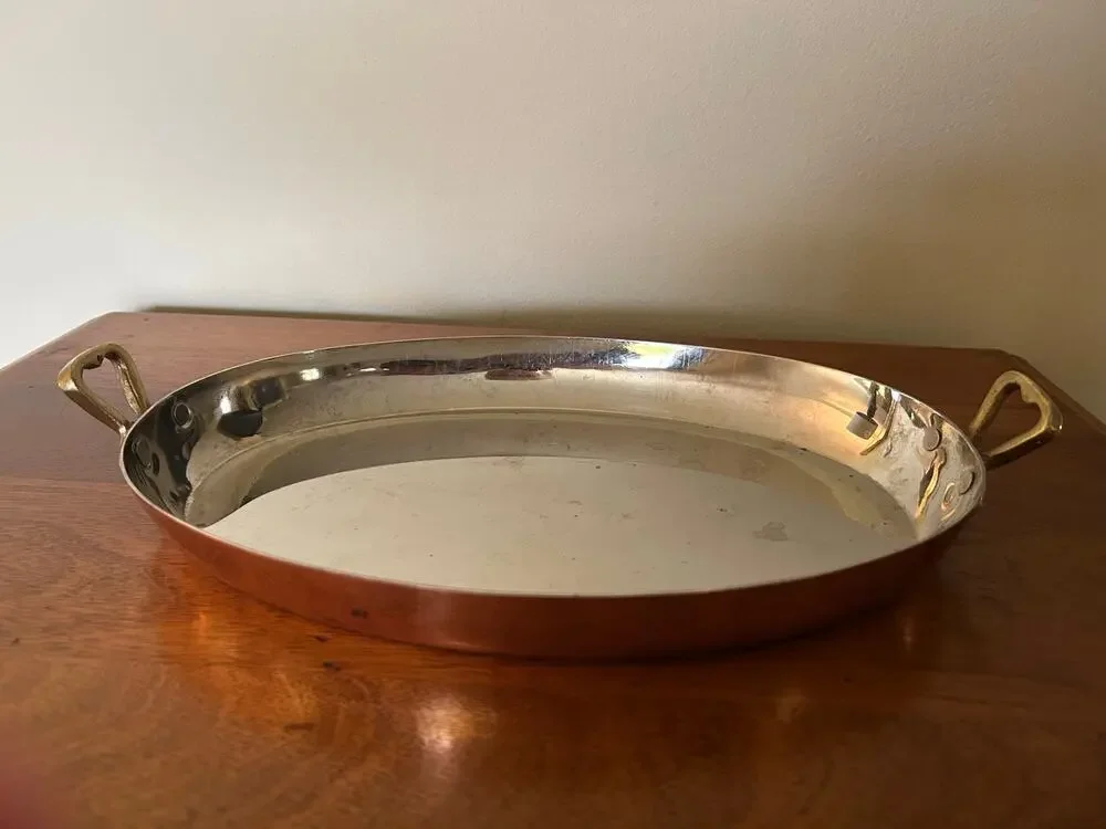 Hammered Copper Pan with Brass Handles – Oval Cooking Pan or Decorative Display